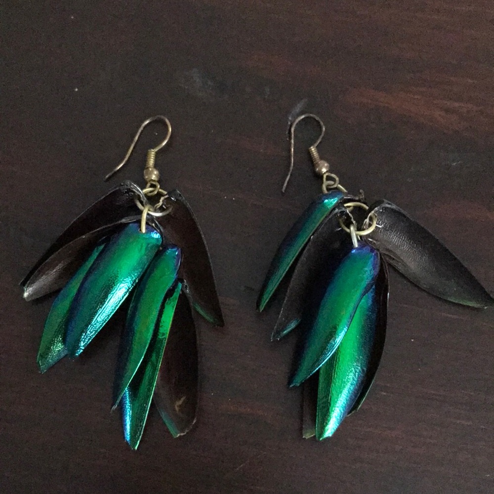 Green iridescent beetle earrings